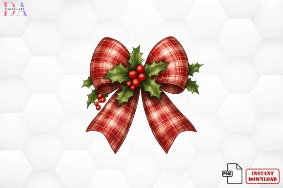 Download Red Plaid Christmas Bow Holly PNG - Bow Collection