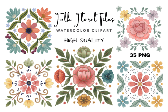 Download Folk Floral Tiles Clipart Set - Floral tiles Collection